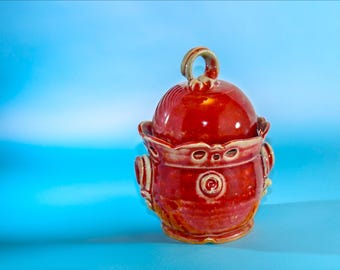 Tarro de porcelana roja hecho a mano. Recipiente para azúcar, miel, té, golosinas para mascotas, caramelos y sal.