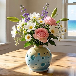 May include: A floral arrangement in a blue and beige ceramic vase with circular cutouts. The bouquet includes pink roses, white daisies, and purple flowers. The vase sits on a wooden table near a window overlooking a beach.