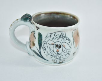 For Ewe! Ceramic 8 ounce coffee or tea cup with Sheep. Handmade pottery tea mug, 9th anniversary gift