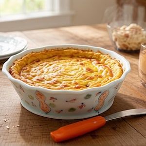May include: A round white ceramic baking dish with a scalloped rim and a pattern of small orange peanuts and green accents on the exterior. The dish contains a golden-brown baked quiche with a swirled surface texture and a bright orange-handled knife.