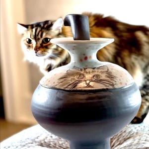 May include: A ceramic jar with a dark blue base and a cream-colored top featuring a cat face design. The lid has a dark handle. The jar is on a textured surface, with a blurred cat in the background.