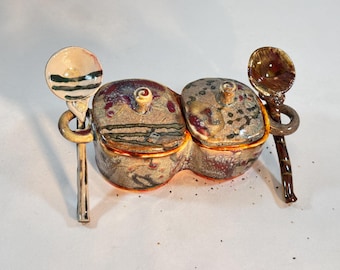 Handmade Ceramic Salt Pepper Cellar Set | Two Compartment Spice Keeper with Rattling Lids & Ceramic Spoons | Rustic Pottery Gift