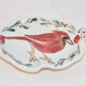 Red Cardinal Pottery Dish for Jewelry, Soaps, Candles, Snacks, Paperclips