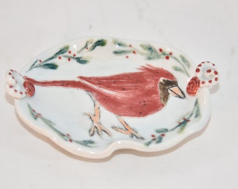 Red Cardinal Pottery Dish for Jewelry, Soaps, Candles, Snacks, Paperclips
