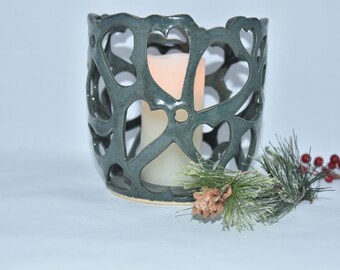 Orchid Pot. Candle Holder. Ceramic Lacy Heart Vase in Green - Candleholder - Plant Holder