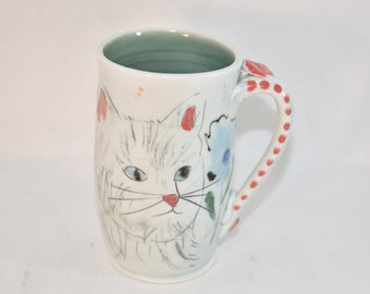 Cat Lover Gift: Extra Large Pottery Coffee Cup with  Cat. Handmade Ceramic Beer mug with White Cat.