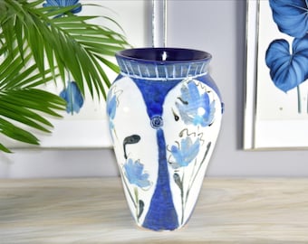 Malaysia Handicraft Tenmoku Pottery Vases Blue White Floral Design