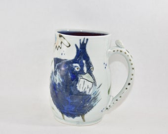 Extra Large Pottery Mug with Bluejay Beer Mug, 24 Ounce Tea Cup , Latte Cup, Cappuccino Mug