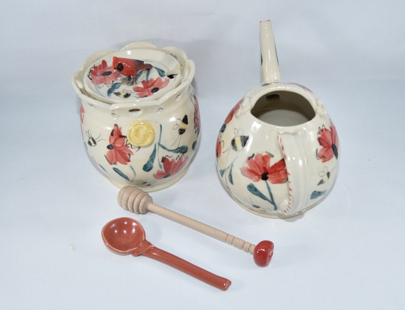 Save the Bees Sugar Bowl and Creamer Set. Pottery Jar Spoon, 9th Anniversary Gift, Creamer Pitcher image 8