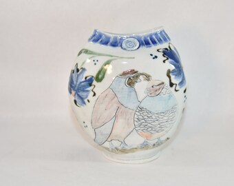 Porcelain Vase with Quail. Pottery Anniversary Gift.