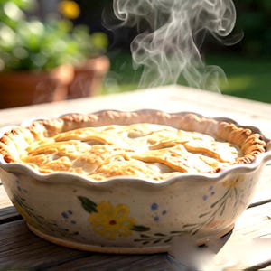 May include: A freshly baked pie in a decorative ceramic dish with a scalloped edge. The pie has a golden-brown crust and is steaming, suggesting it's just out of the oven. The dish is adorned with floral patterns, and sits on a wooden table.