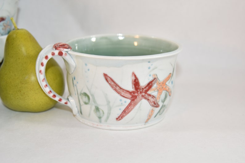 Oversized mug with Crab and Starfish. Large soup mugs. Ceramic latte cups. Handmade Pottery tea cups. Ceramics and pottery image 2