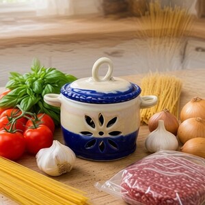 Large Handmade Pottery Garlic Keeper in Dark Blue and Cream | Holds 10 garlic bulbs