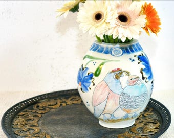 Jarrón de codorniz / Jarrón de cerámica artesanal con forma de pájaro / Cerámica con flores silvestres azules / Regalo para amantes de las codornices