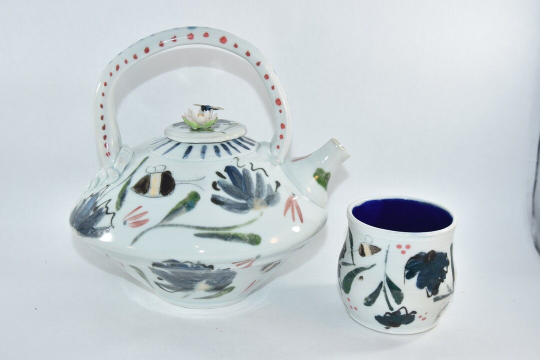 Large Handmade Teapot With Dragonfly. Tea Pot Tea Cup Set. 9th