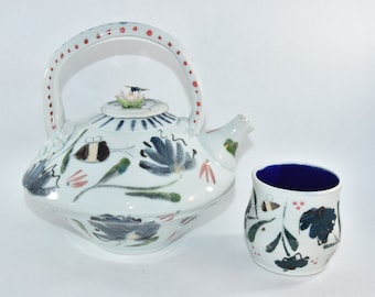 Large Handmade Teapot with Dragonfly. Tea Pot Tea Cup Set. 9th Anniversary Gift. Tea Kettle Ceramics and Pottery Anniversary.
