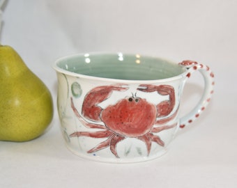 Oversized mug with Crab and Starfish. Large soup mugs. Ceramic latte cups. Handmade Pottery tea cups. Ceramics and pottery