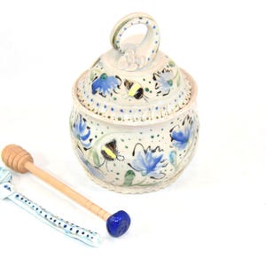 Honey Pot with honey dipper | Save the Bees Design | Handmade Pottery | Honey jar | Kitchen canister lidded storage jar | Jam jars