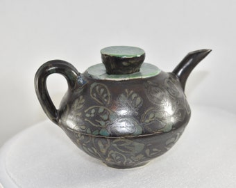 Handmade Pottery Porcelain Black Teapot with Green Leaf Design for the Tea Lover