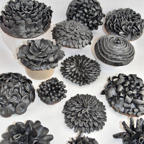 Handcrafted Ceramic Wall Flower: Black Floral Garden Decor