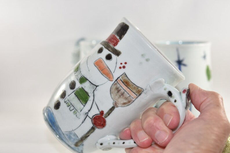 Extra Large Modern Handmade Mug with Snowman. 20 Ounces Handmade Pottery Coffee Cup. Beer Mug. image 6