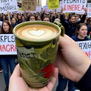 May include: A ceramic mug with a frog design and the word "RESIST" on it, filled with a latte featuring a heart-shaped design. The mug is held in front of a crowd of people holding signs.