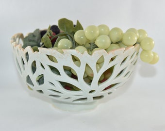 Porcelain Fruit Bowl, Peaches and Cream Lotus Flower Design, Pottery Anniversary Gift, Table Centerpiece