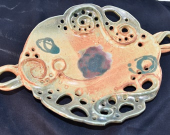 Shino Glazed Pottery Platter with Incised Design. Decorative Home and Office Decor.