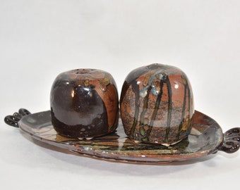 Ceramic Salt and Pepper Shakers on Tray in Rich Browns and Tans