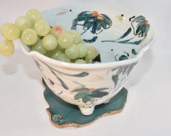 Berry Bowl on Leaf Tray in Save the Bees design, Handmade Colander