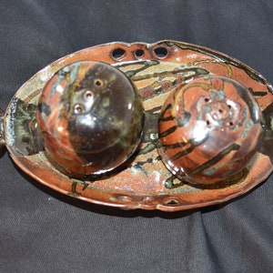 Ceramic Salt and Pepper Shakers on Tray in Rich Browns and Tans image 5