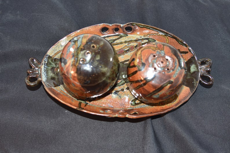 Ceramic Salt and Pepper Shakers on Tray in Rich Browns and Tans image 5