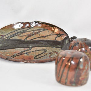 Ceramic Salt and Pepper Shakers on Tray in Rich Browns and Tans image 3