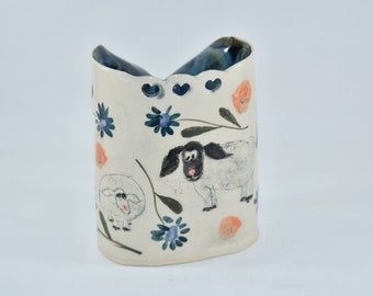 Kitchen Soap Holder with Sheep.  Liquid soap dispenser. Handmade Ceramic Toothbrush holder. Pencil Holder. Handmade vase.