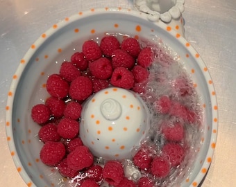 Porcelain Berry Washing Bowl and Colander with Flower and Cat Design  | Handcrafted Fruit Strainer by Deb Babcock