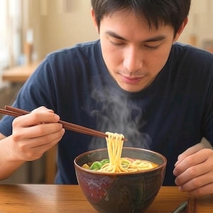 May include: A dark blue t-shirt worn by a person holding a pair of brown wooden chopsticks, lifting steaming yellow noodles from a round, dark-toned ceramic bowl containing a broth with green vegetables and noodles.