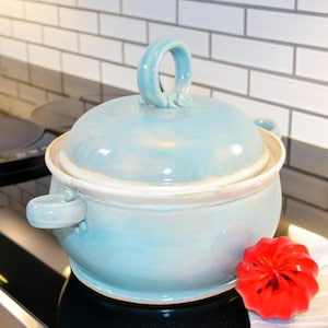 Handmade Pastel Blue Ceramic Casserole Dish with Lid: For Baking Bread, Stews and Pasta