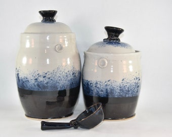 Modern Kitchen Canister Set for Contemporary Kitchen in Blue Black and White. Handmade Pottery. Flour Coffee  Pet Food Jar.