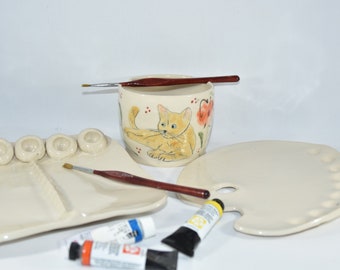 Painter's Watercolor Palette and Water Bowl. Artist Paintbrush Holder. Water Cup and Brush Rest Rinse Bowl.
