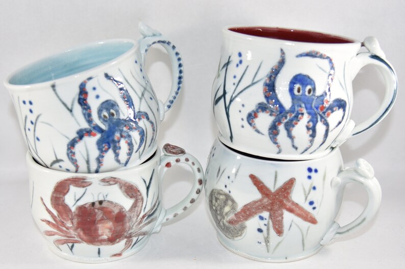Whale and Star Fish Pottery Cappuccino Cup. Oversized Mug for Soup. image 7