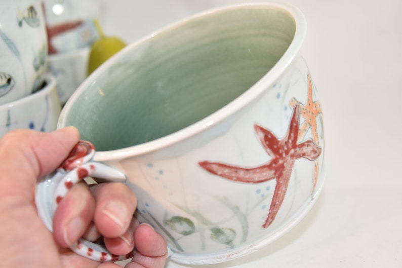 Oversized mug with Crab and Starfish. Large soup mugs. Ceramic latte cups. Handmade Pottery tea cups. Ceramics and pottery image 3