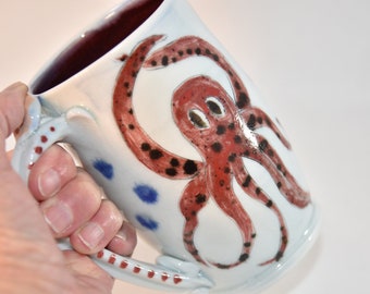 Large 18 Ounce Coffee Mug with Whale and Octopus. Handmade Ceramic Mug. Pottery coffee cup.  Tea Cup. Stoneware Mug.