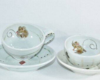 Tea Cup and Saucer Set with Mouse. Alice in Wonderland Art with Dormouse.