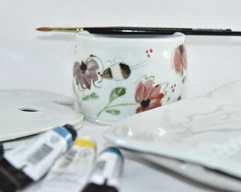 Painter's Watercolor Palette and Water Bowl. Artist Paintbrush Holder. Water Cup and Brush Rest Rinse Bowl.