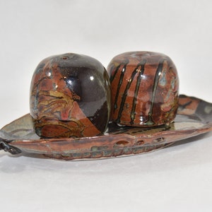 Ceramic Salt and Pepper Shakers on Tray in Rich Browns and Tans image 2