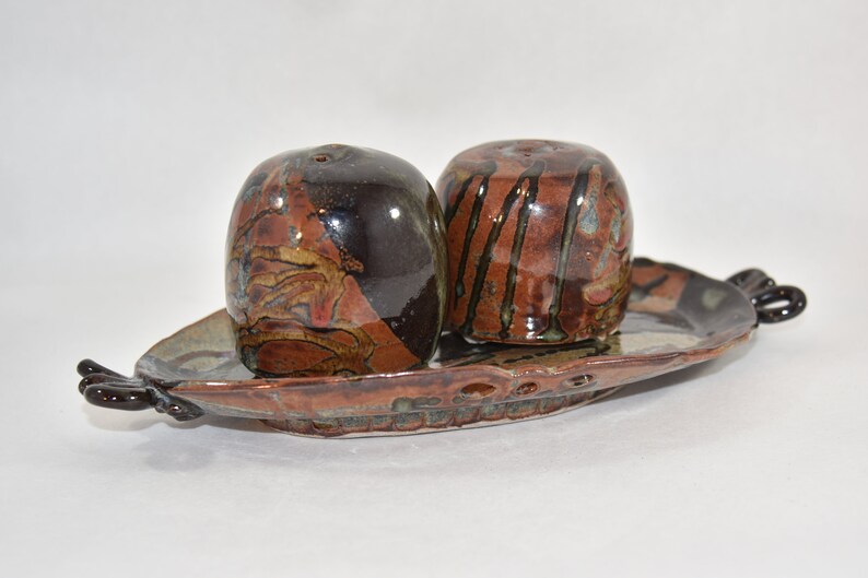 Ceramic Salt and Pepper Shakers on Tray in Rich Browns and Tans image 2