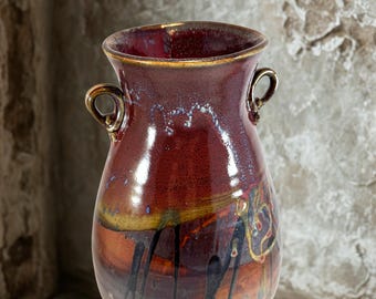 Large Ceramic Vase, Copper Gold Teal Handmade Statement Pottery, 12 Inch Wheel Thrown Vessel, Boho Mantel Decor, Housewarming Gift