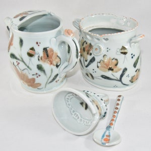 Save the Bees Sugar Bowl and Creamer Set. Pottery Jar Spoon, 9th Anniversary Gift, Creamer Pitcher image 3