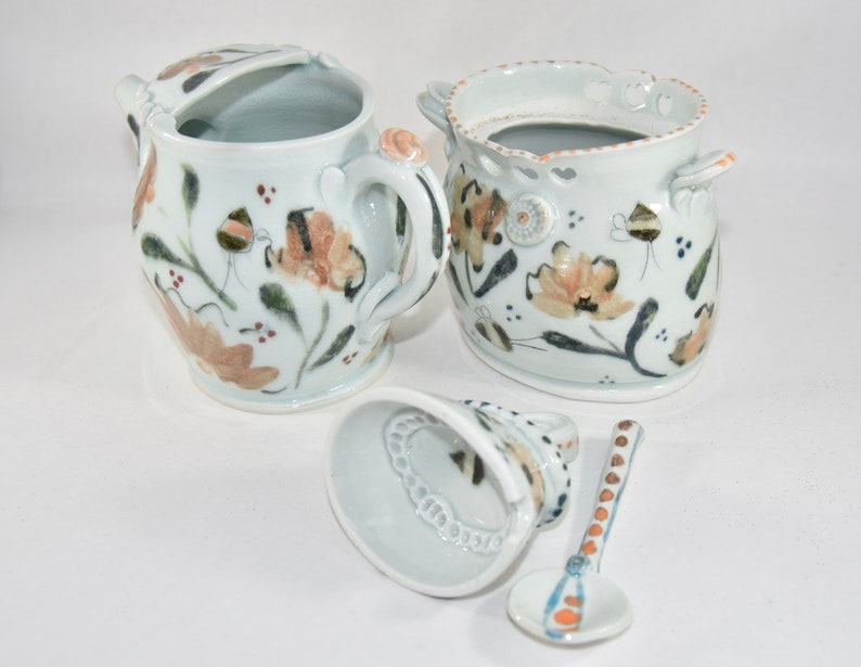 Save the Bees Sugar Bowl and Creamer Set. Pottery Jar Spoon, 9th Anniversary Gift, Creamer Pitcher image 3