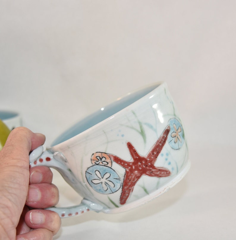 Whale and Star Fish Pottery Cappuccino Cup. Oversized Mug for Soup. image 3